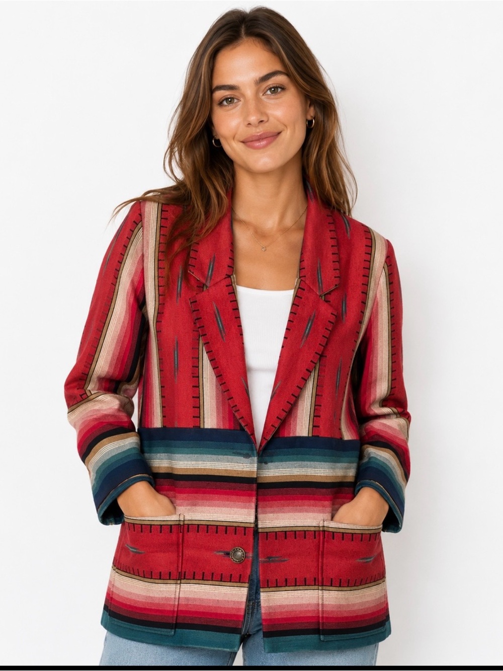 DIV. OF SHARON YOUNG Striped Southwestern Blazer Pine Cove